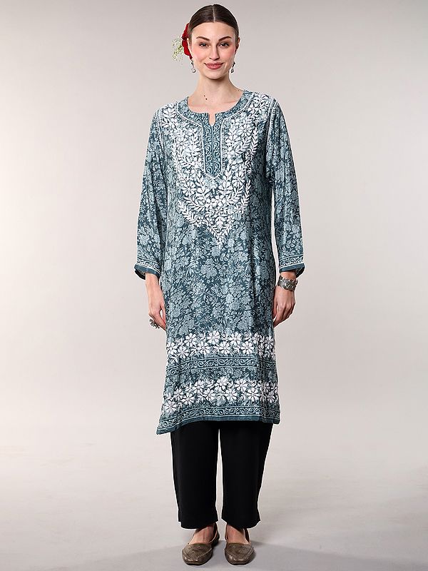 Mineral-Blue Floral Printed Crepe Kurti with Chikankari Embroidery on Neck