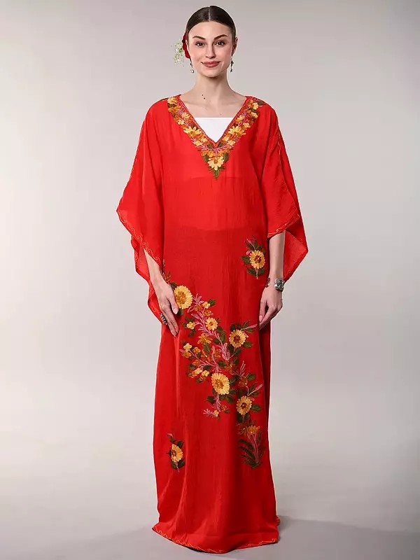 Crushed Long Kaftan with Aari Embroidered Flowers from Kashmir