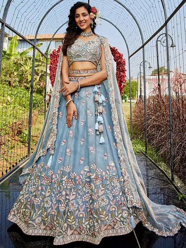 Elegant Tissue Net Lehenga Choli With Heavy Sequin And Thread Embroidery For Bridal And Engagement Wear