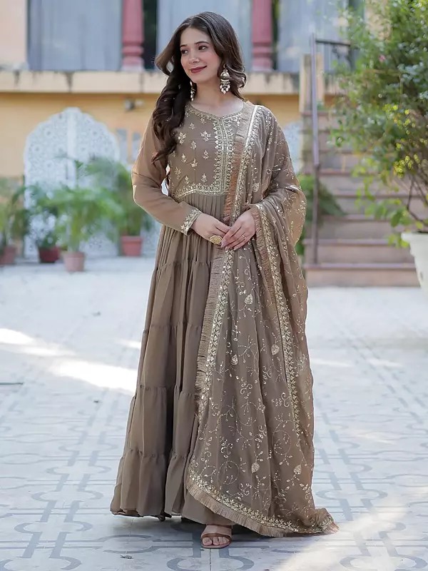 Designer Star Georgette Gown With Dupatta And Heavy Sequins Embroidered Work For Wedding And Party Wear