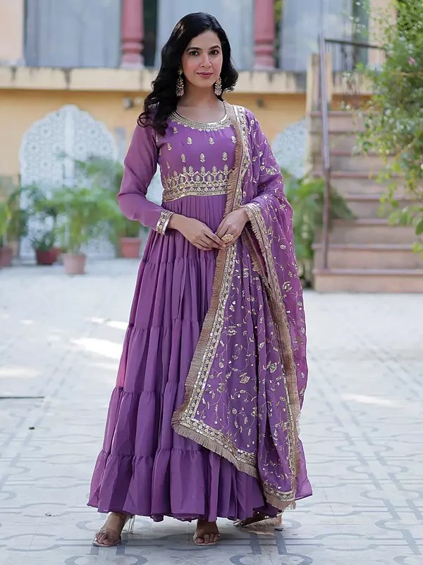 Star Georgette Gown With Dupatta Featuring Heavy Sequins Embroidered Work For Wedding And Festive Party Wear