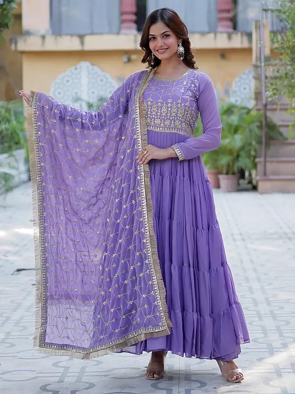 Elegant Star Georgette Gown With Dupatta Featuring All Over Sequins Embroidered Work For Wedding And Festive Party Wear