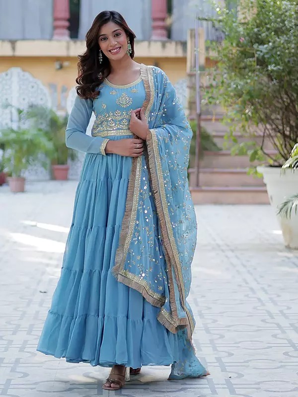 Royal Star Georgette Gown With Dupatta Adorned In Rich Sequins Embroidery For Luxurious Wedding And Festive Celebrations