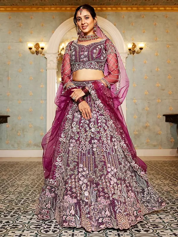 Luxurious Bridal Net Lehenga Set With Heavy Coding And Zarkan Embroidery Work For Wedding Ceremonies And Parties