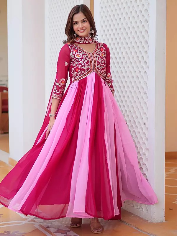 Elegant Faux Georgette Gown With Dupatta Featuring Heavy Sequence Thread Embroidery Work For Wedding Parties