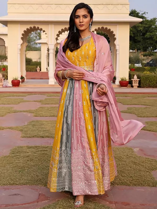 Graceful Rangoli Silk Anarkali Suit Set With Dupatta And Crepe Bottom Featuring Heavy Sequence And Embroidery Work