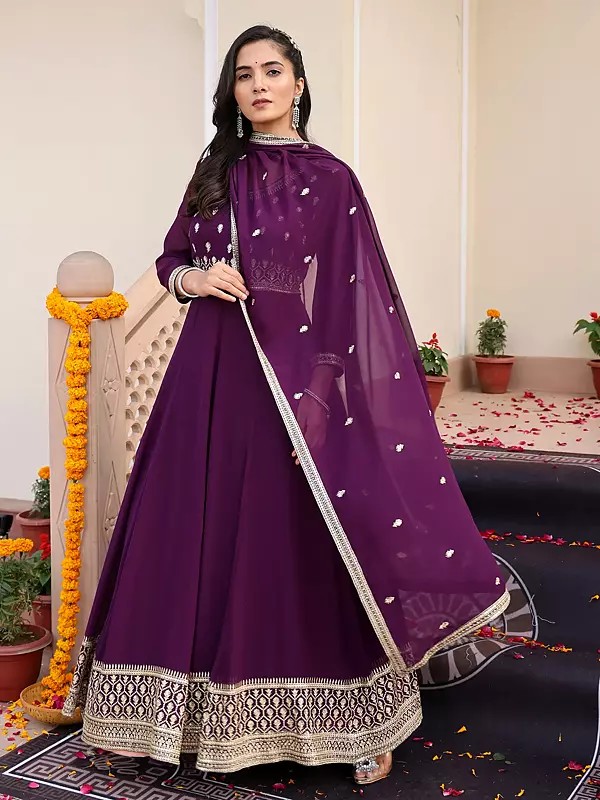 Graceful Georgette Anarkali Suit With Matching Dupatta And Crepe Bottom Adorned With Heavy Sequence And Embroidery Work