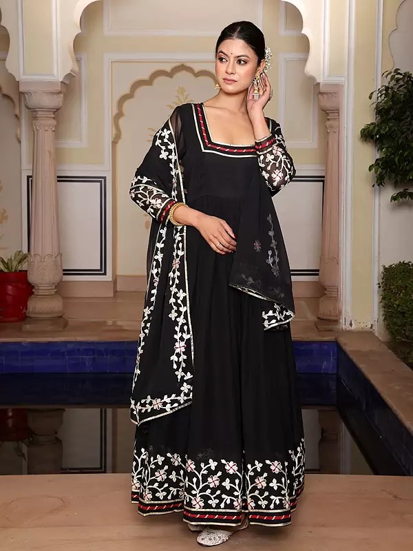 Charming Georgette Anarkali Suit With Dupatta And Crepe Bottom Highlighted By Elegant Ribbon Work Embroidery