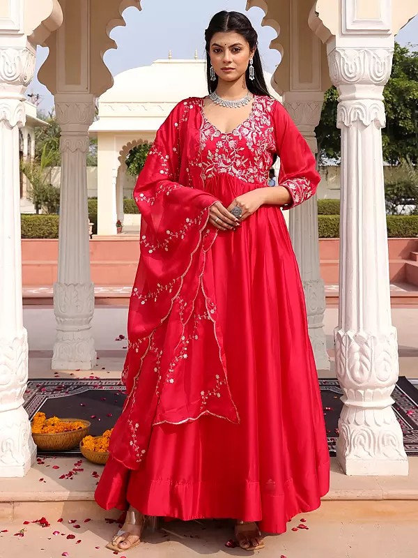 Luxury Rangoli Silk Anarkali Suit With Dupatta And Crepe Bottom Showcasing Heavy Sequence And Embroidery Work For Wedding
