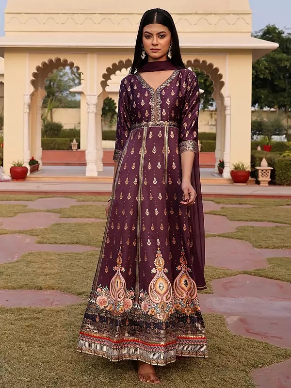 Elegant Satin Anarkali Suit With Nazneen Dupatta And Crepe Bottom Accentuated By All Over Foil Work For Wedding