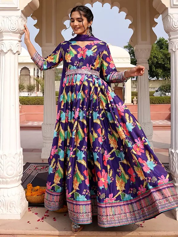 Captivating Chinon Silk Anarkali Suit With Nazneen Dupatta And Crepe Bottom Featuring Bold All Over Print For Wedding Parties