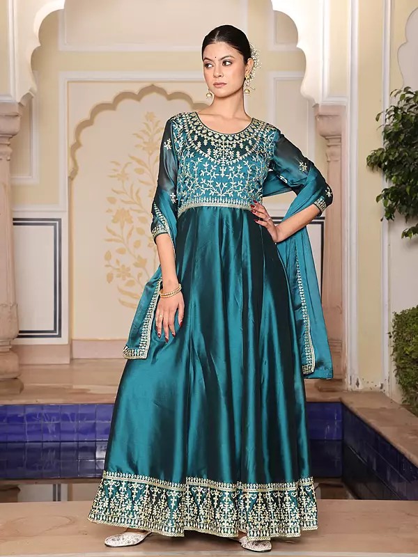 Majestic Rangoli Silk Anarkali Suit With Dupatta And Crepe Bottom Showcasing Intricate Embroidery For Wedding Functions