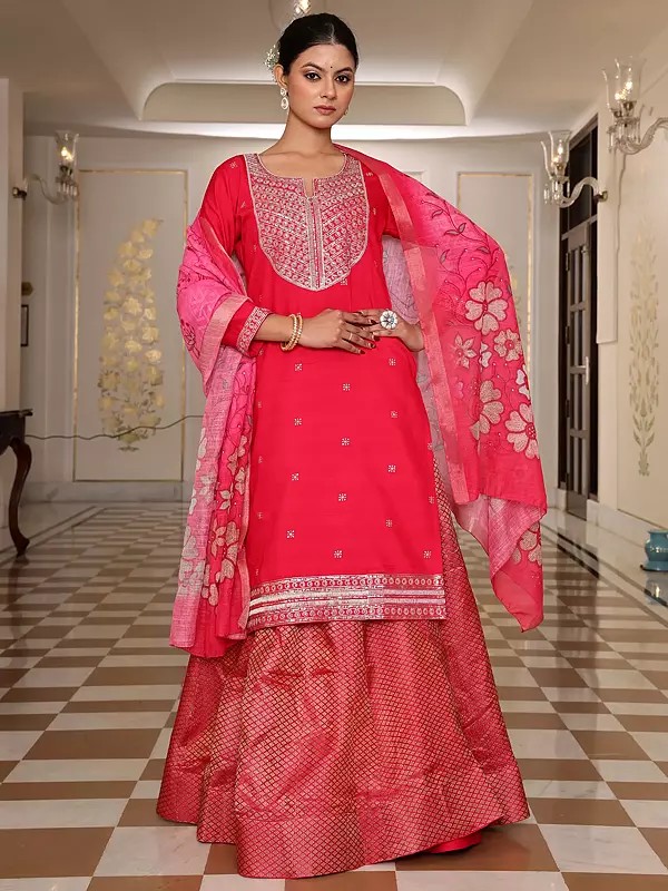 Radiant Rangoli Silk Kurti With Skirt And Jacquard Dupatta Featuring Heavy Sequence And Embroidery Work For Work