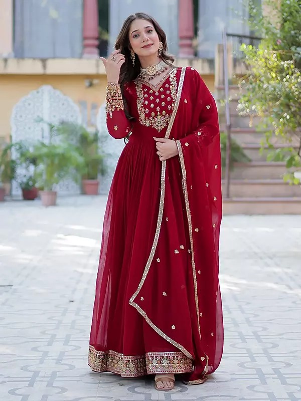 Faux Blooming Georgette Sequins Embroidered Gown With Dupatta Anarkali Style Ethnic Party Wear For Women