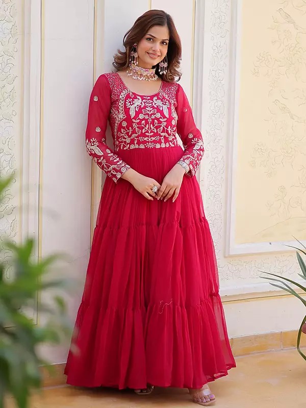 Tiered Faux Georgette Sequins Embroidered Gown Ethnic Wedding Festive Party Wear Designer Long Dress