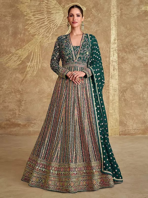 Georgette Gown With Dupatta Elegant Ethnic Party Wedding Festive Designer Long Flowing Anarkali Style Wear