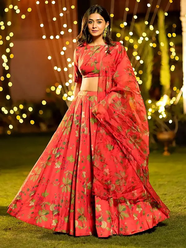Elegant Heavy Airtex Chinon Lehenga Choli Set With Flowing Dupatta In Vibrant Red Floral Heavy Digital Print Design