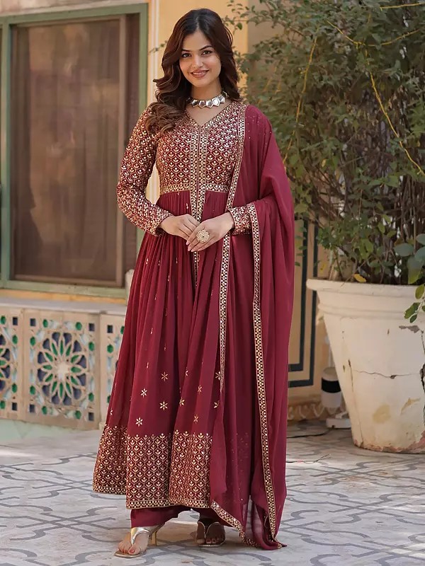 Elegant Faux Georgette Floor Length Gown With Dupatta And Heavy Sequins Embroidered Work Design