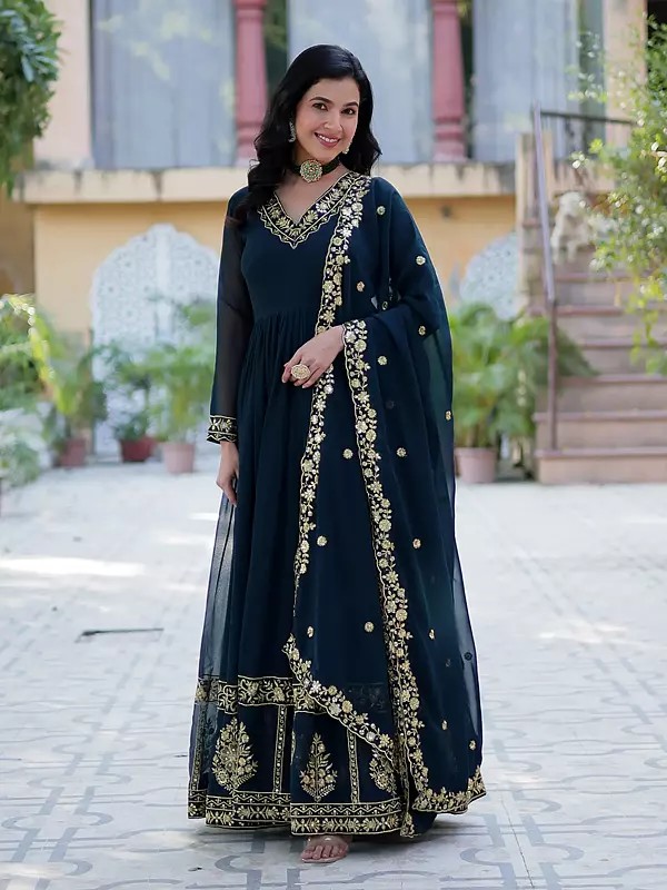 Gorgeous Floor Length Faux Georgette Gown Paired With Dupatta In Luxurious Heavy Sequins Embroidered Design