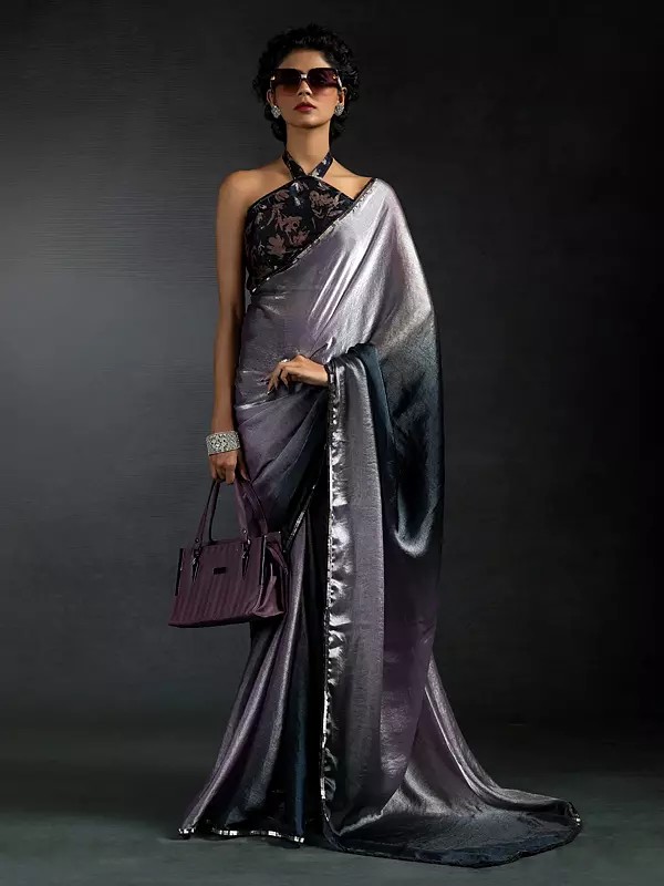 Women Luxurious Fendi Satin Silk Two Ton Shaded Saree With Elaborate Heavy Hand Work Black Zircon Border
