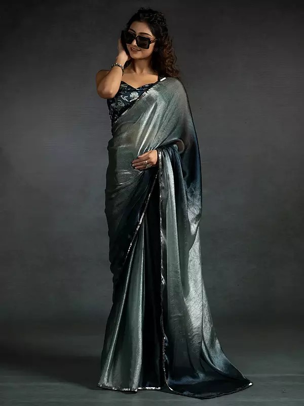 Premium Fendi Satin Silk Two Ton Shaded Saree Adorned With Heavy Hand Work Black Zircon Border Flexible Multiple Hooks