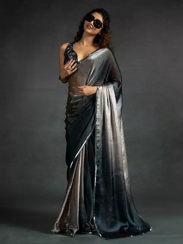 Stunning Fendi Satin Silk Two Ton Shaded Saree With Heavy Hand Work Black Zircon Border And Flexible Multiple Hooks