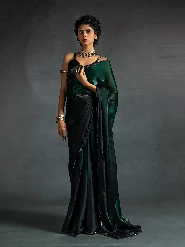Fendi Satin Silk Two Ton Shaded Saree With Heavy Hand Work Black Zircon Border And Flexible Multiple Hooks