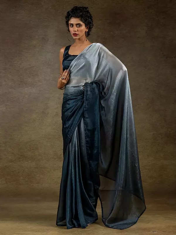 Luxurious Fendi Satin Silk Two Ton Shaded Saree With Innovative Flexible Multiple Hooks Closure For Effortless Wear