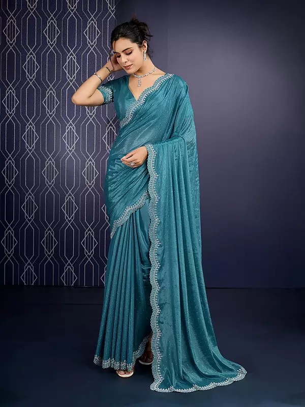 Exquisite Georgette Saree Featuring Zarkan Diamond Handwork And Intricate Cutwork For Timeless Festive Elegance
