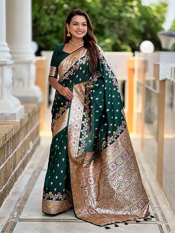 Soft Banarasi Silk Saree Zari Weaving Meenakari Work Rich Pallu Heavy Border Wedding Bridal Festive Ethnic Indian Wear