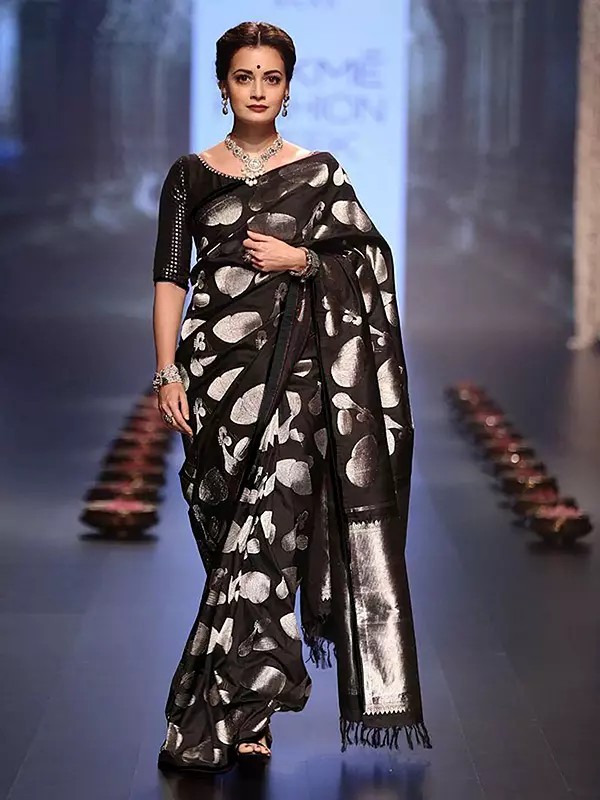 Sophisticated Soft Lichi Silk Saree Rich Pallu Jacquard Work Black Silver Paisley Motif Ethnic Festive Party Wear