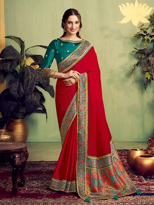 Elegant Zari Rangkat Woven Kora Satin Saree With Exquisite Beads Embroidery Work For Bridal Party Wear