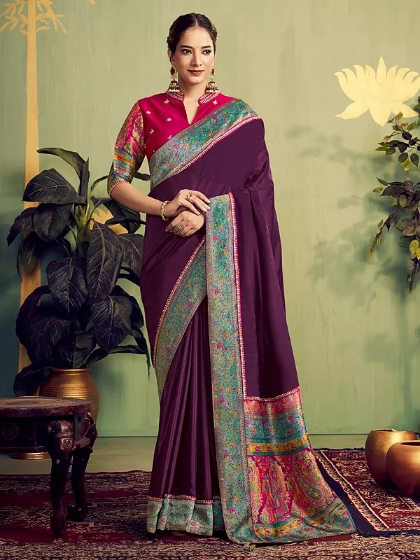 Elegant Banarasi Rangkat Natural Silk Saree With Exquisite Beads Embroidery Work For Bridal Party Wear