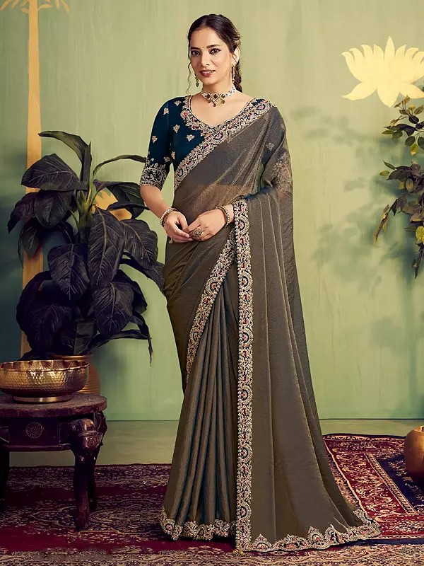 Luxurious Zari Organza Satin Saree With Exquisite Thread Embroidery Stone Handwork And Delicate Border Detailing