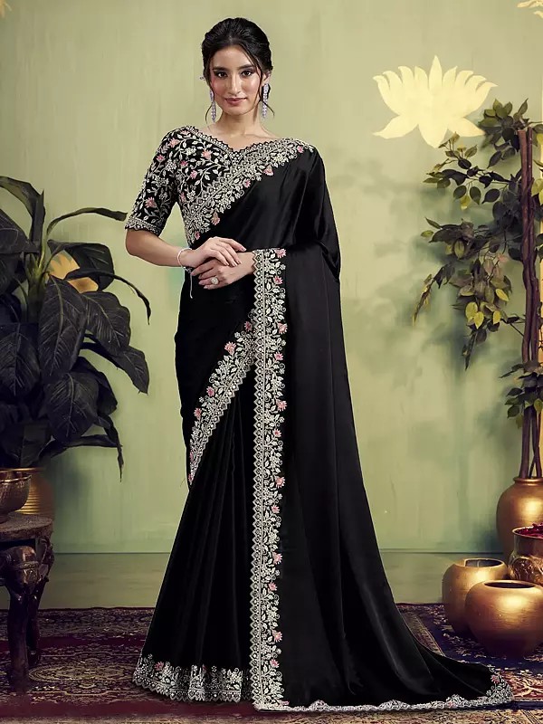 Stunning Satin Silk Saree Showcasing Real Mirror and Moti Work with Luxurious Thread Embroidery Border