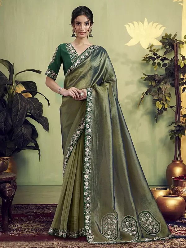 Dazzling Glass Tissue Saree With Stunning Sequence And Patch Work Embroidery Border For Women