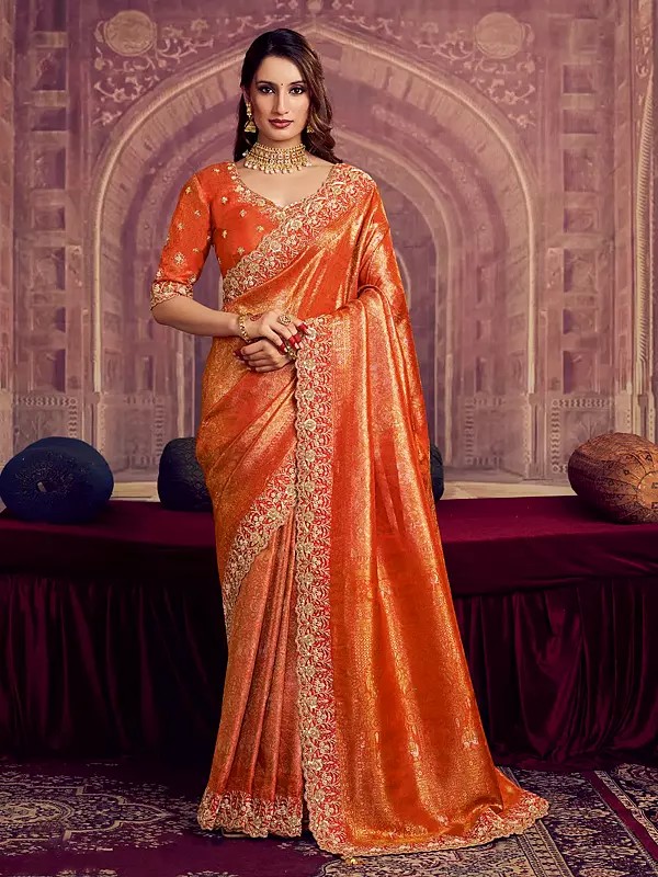 Timeless Kanjivaram Pure Zari Silk Saree Featuring Dual Sequence Pearl Handwork And Opulent Zari Border Design