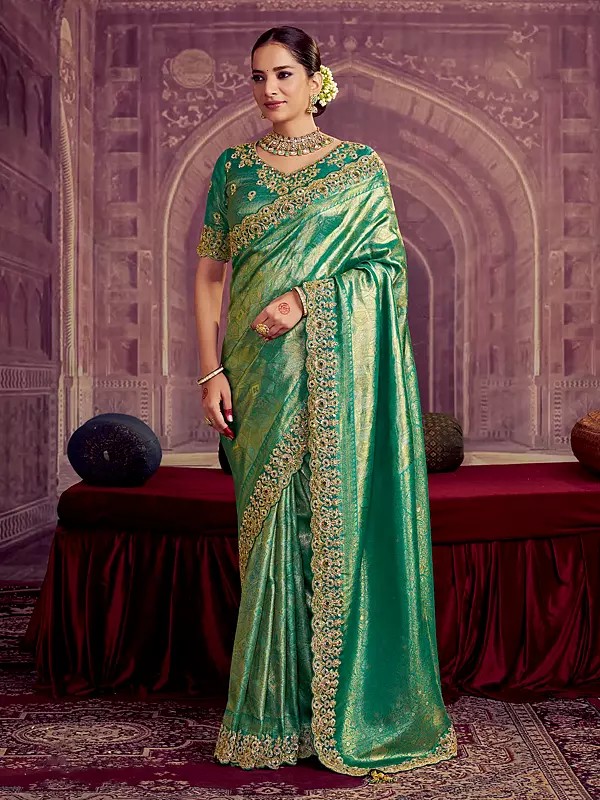 Elegant Kanjivaram Pure Zari Silk Saree With Dual Sequence Beads Embroidery And Luxurious Handcrafted Border