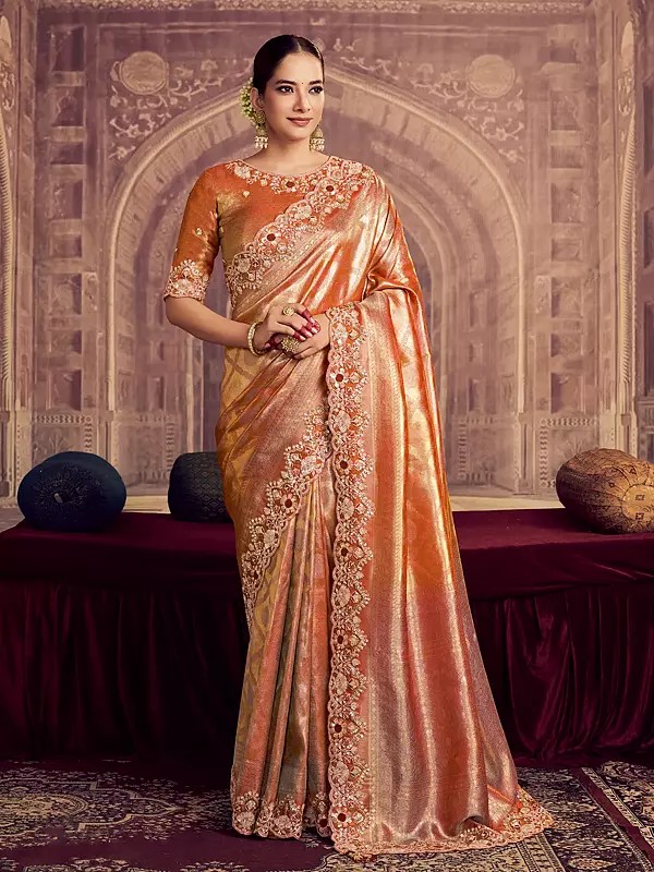 Royal Kanjivaram Pure Zari Silk Saree With Dual Sequence Beads Embroidery And Ornate Handcrafted Border