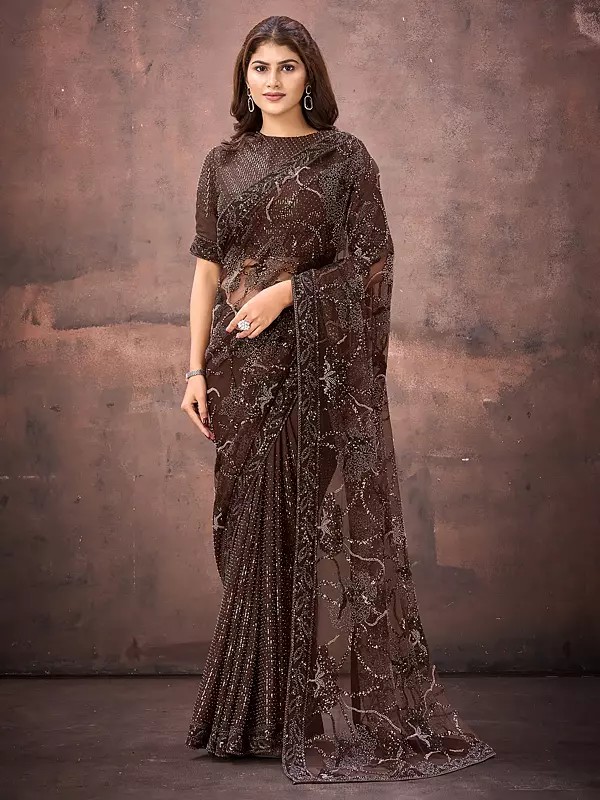 Jimmy Choo Mono Net Saree With Beads Dual Sequins Embellishment Designer Partywear For Wedding Reception