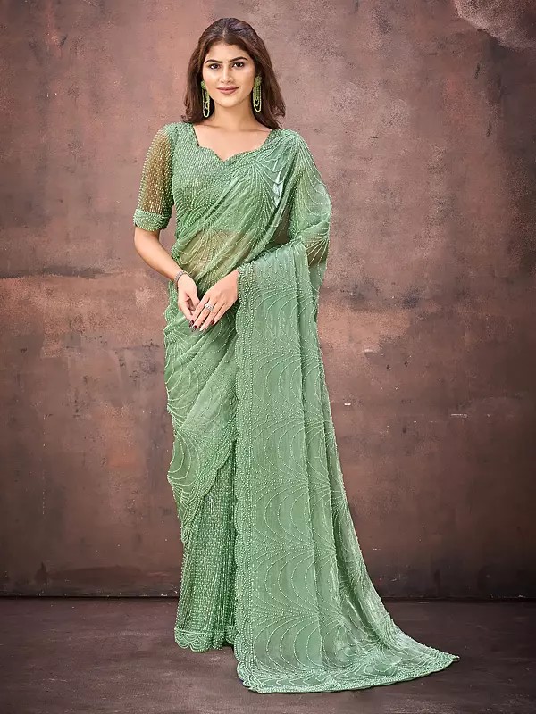 Elegant Jimmy Choo Mono Net Saree Featuring Dual Beads And Sequins Embellishment Perfect Designer Partywear