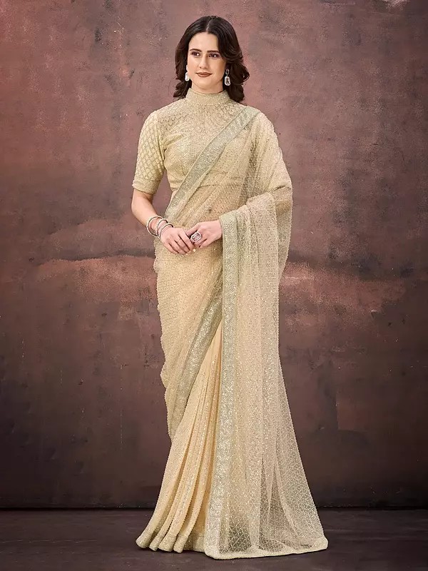 Crush Satin Mononet Saree With Beads Dual Sequins Embellishment Designer Partywear For Wedding Reception