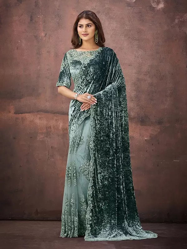 Velvet Mononet Saree With Beads Sequins Embroidery Designer Partywear For Wedding Reception