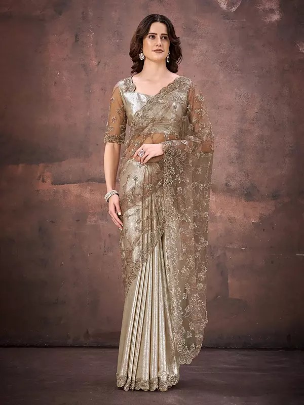 Foil Satin Mononet Saree With Dual Beads Sequins Embellishment Designer Partywear For Wedding Reception