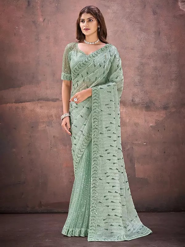 Stunning Jimmy Choo Mononet Saree Adorned With Dual Beads And Sequins Embellishment Ideal For Designer At Weddings