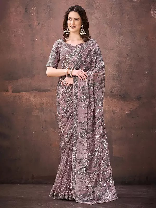 Exquisite Jimmy Choo Mononet Saree Featuring Dual Beads And Dual Sequins Embellishment Perfect For Designer Partywear