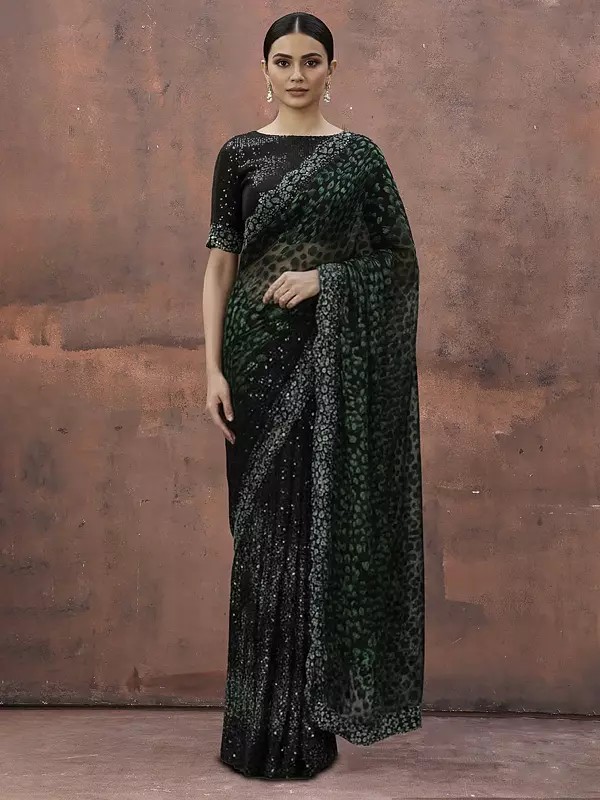 Velvet Mononet Saree With Dual Beads Sequins Embellishment Designer Partywear For Wedding Reception