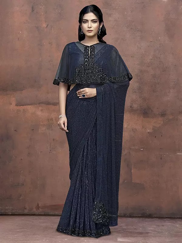 Armani Tulle With Stones Saree With Pure Beads Handwork Sequins Designer Partywear For Wedding Reception