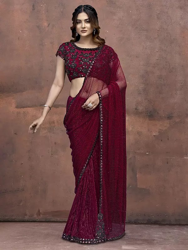 Luxurious Armani Tulle Saree With Stones Adorned In Pure Beads Handwork And Sequins Perfect Designer Partywear For Weddings