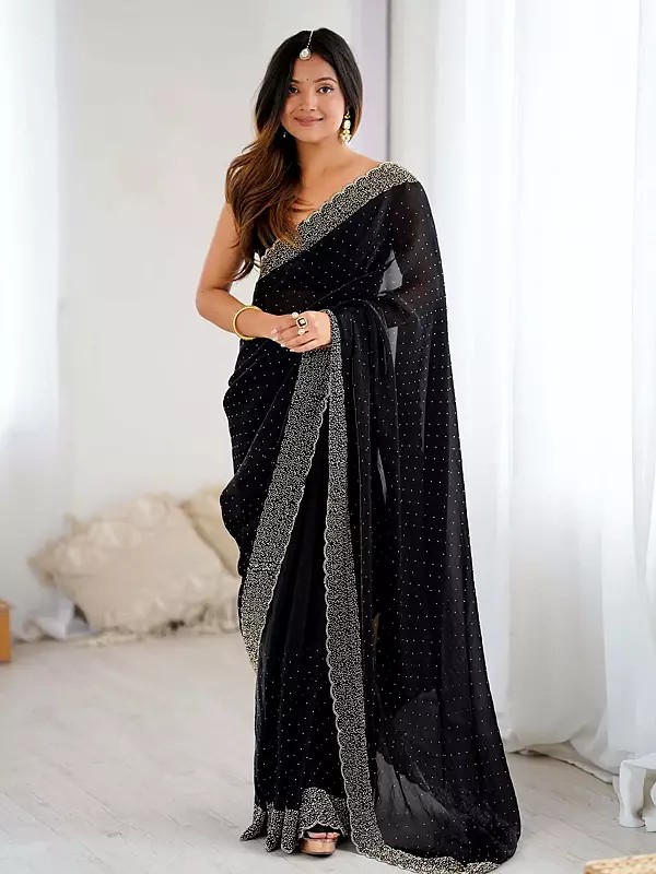 Fendy Satin Saree Featuring Intricate Zarkan Hand Work And Elegant Border Detailing Perfect Designer Partywear For Wedding